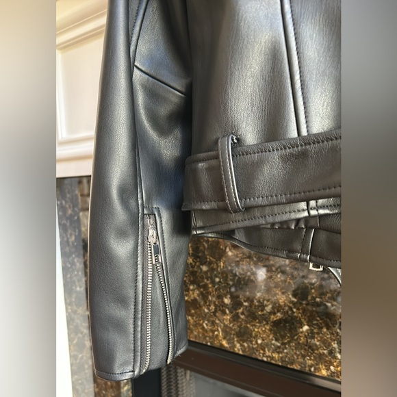 Zara vegan leather black belted biker jacket sz. XS - Picture 10 of 16